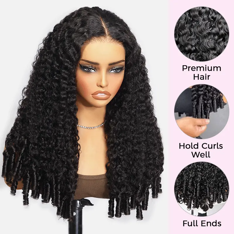 Mannequin head wearing a long, curly black wig; pink sidebar shows three circular icons labeled Premium Hair, Hold Curls Well, Full Ends.