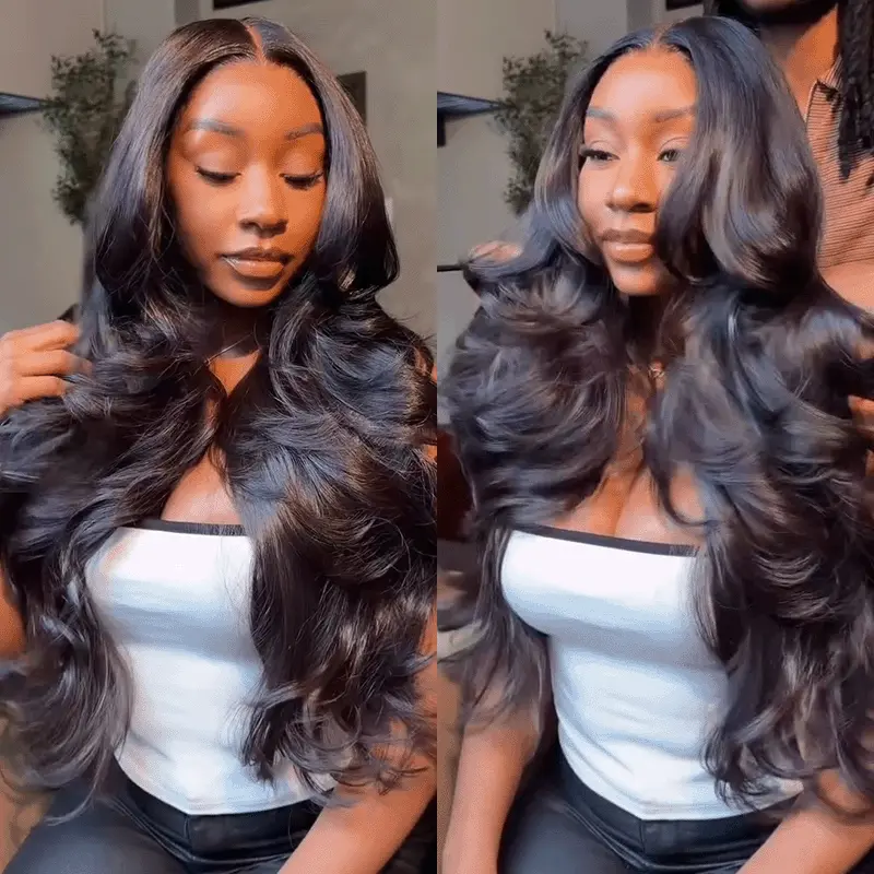 Two-panel image of a woman with long, voluminous wavy black hair with blue-tinted highlights, wearing a white sleeveless top; left panel shows her looking down, right panel with head turned to the side.
