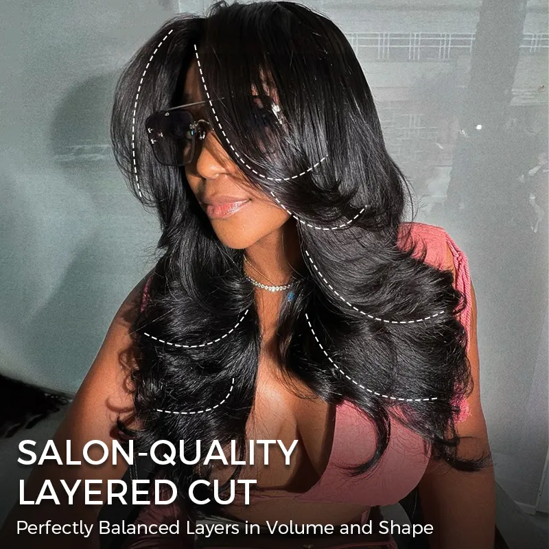 Woman with long black layered hair and sunglasses; overlay text reads 'SALON-QUALITY LAYERED CUT'.