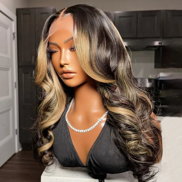 black with blonde highlight loose body wave wig