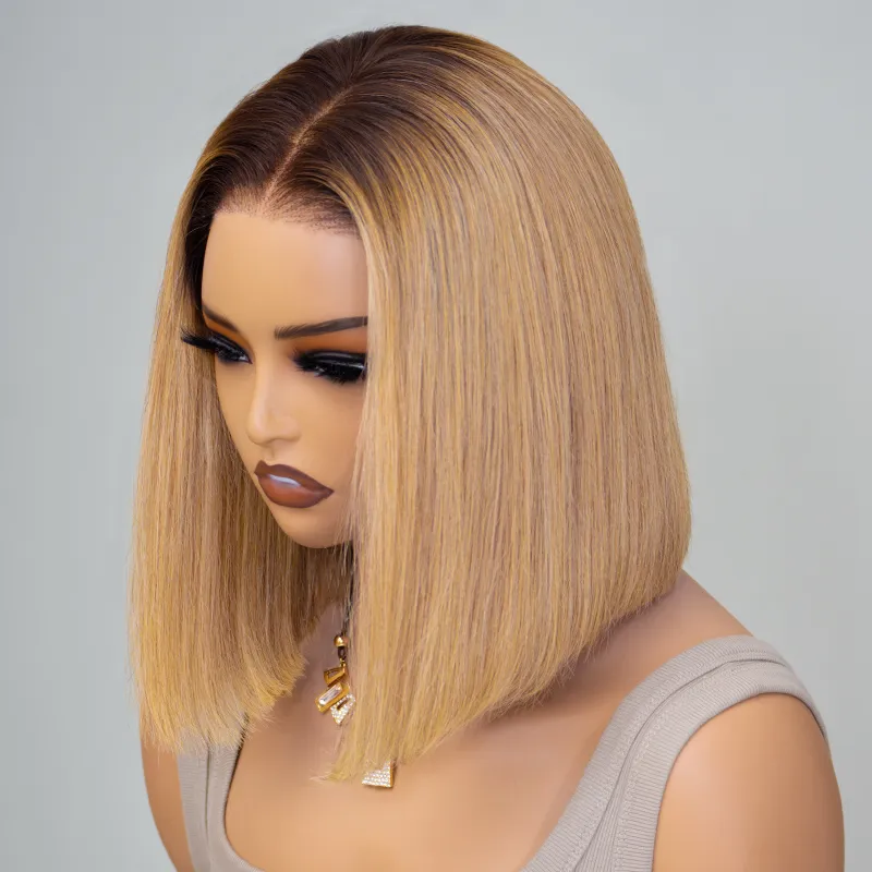 Ombre Color Bob 6x5 Glueless Short Human Hair Wig Honey Blonde with Brown Roots