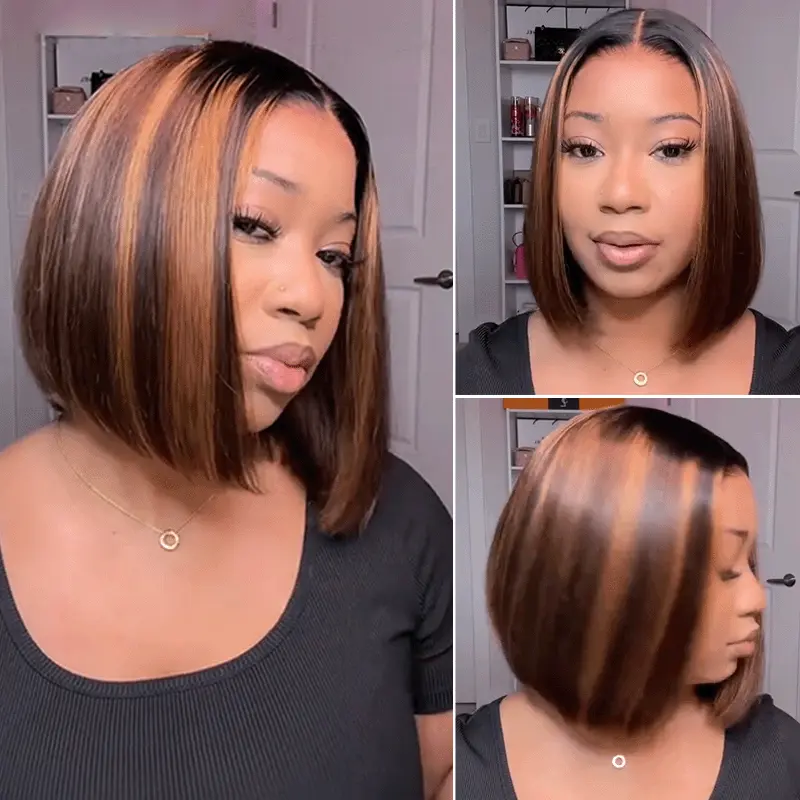 Ombre Brown Blonde Highlight Color Short Bob Straight Human Hair 6x5 Glueless Lace Wig Bleached Knots