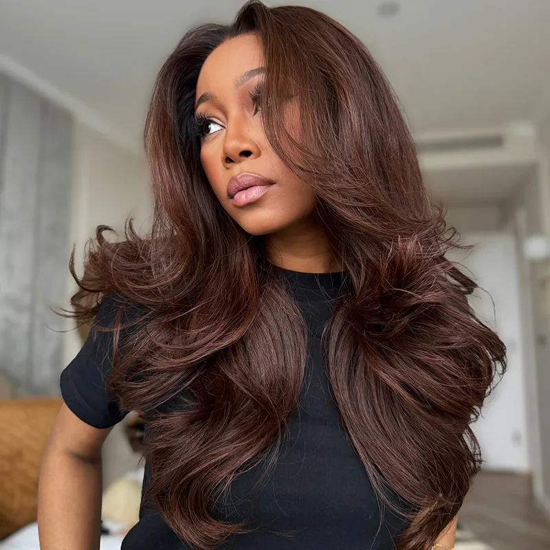 Brown Color Pre Styled Butterfly Layered Cut Loose Body Wave 6x5 Glueless Closure Wig