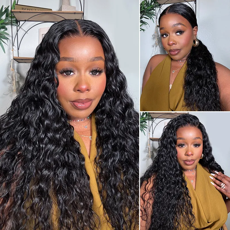 Collage of a woman with long, glossy black curly hair wearing a mustard sleeveless top, posing in a light room with shelves and plants in the background.
