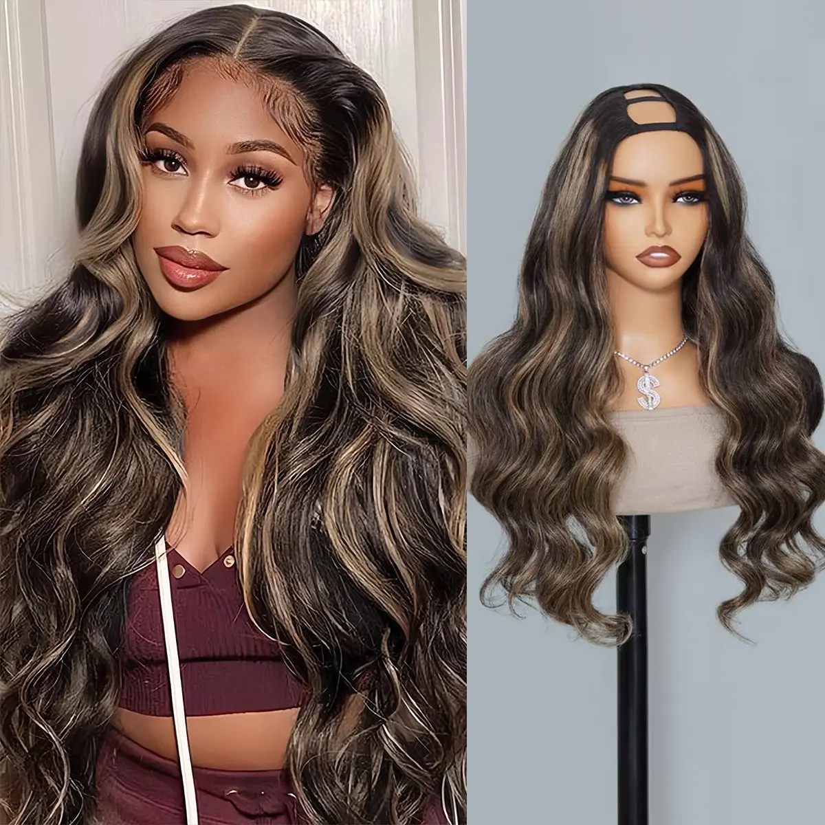 Two side-by-side images: left shows a woman with long, wavy balayage hair (dark roots with blonde highlights) and burgundy outfit; right shows a mannequin head wearing a long, wavy balayage wig on a stand with a necklace.
