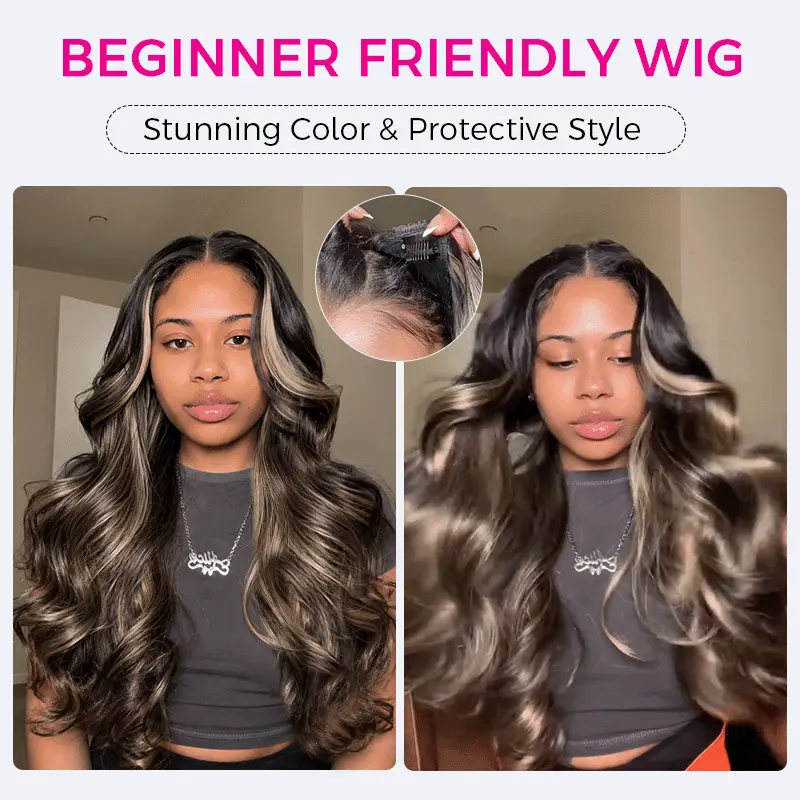 Two side-by-side photos of a woman with long, wavy hair with blonde highlights, showcasing a beginner-friendly wig style and color. A circular inset shows a close-up of the wig attachment.