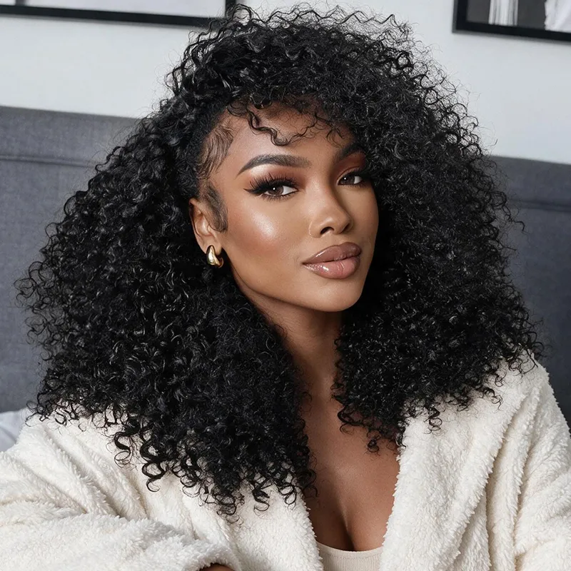 Kinky Curly Half Wig Glueless Install 100% Human Hair Adjustable Drawstring Beginner Friendly