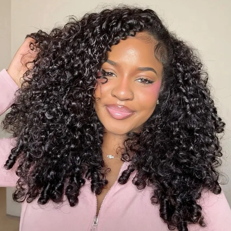 Burmese Curly Half Wig Drawstring Flip Over Human Hair Wig Spiral Curly Ends Glueless For Beginners