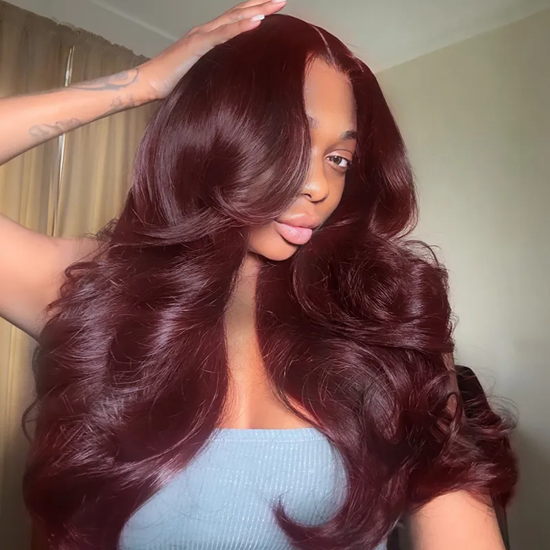Pre Styled Butterfly Layered Cut Loose Body Wave Dark Burgundy Color 6x5 Glueless Closure Wig 250% Density