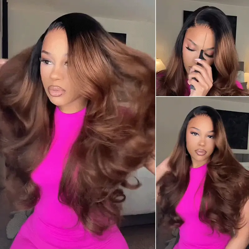 Butterfly Layered Cut Loose Body Wave Ombre Brown With Dark Roots Glueless Closure Wig C Side Part
