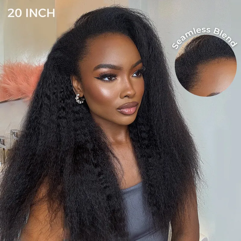 Promotional portrait of a woman with long 20-inch, textured black hair extensions and glamorous makeup; overlay reads '20 INCH' and 'Seamless Blend'.