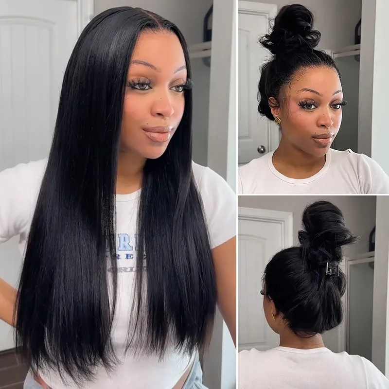 Drawstring 360 Lace Yaki Straight Glueless Wig 100% Human Hair Pre Plucked & Bleached