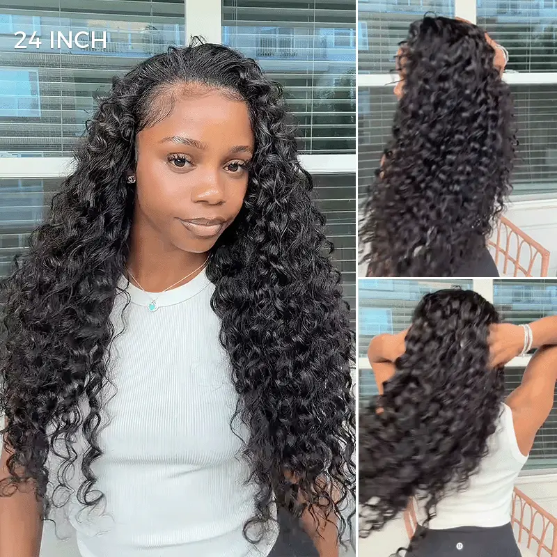 Front-facing view of a woman with long, 24-inch curly black hair in a white ribbed top.