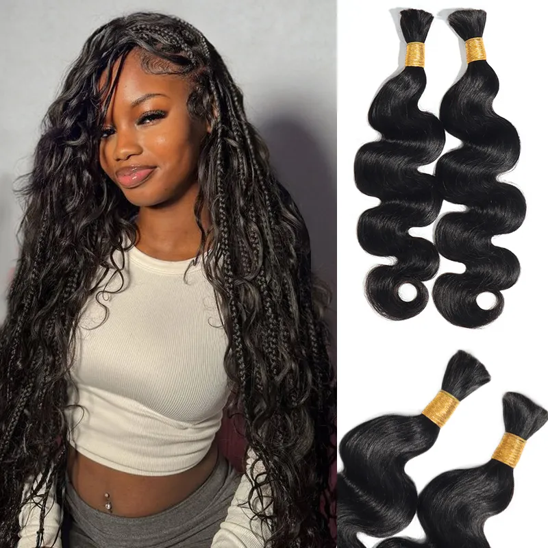 Young woman with long, wavy braids wearing a white crop top; bundles of black hair extensions shown beside her.