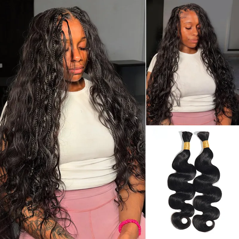 Woman with long, wavy black hair wearing a white top and pink bottoms; collage includes two hair extension bundles at bottom right.