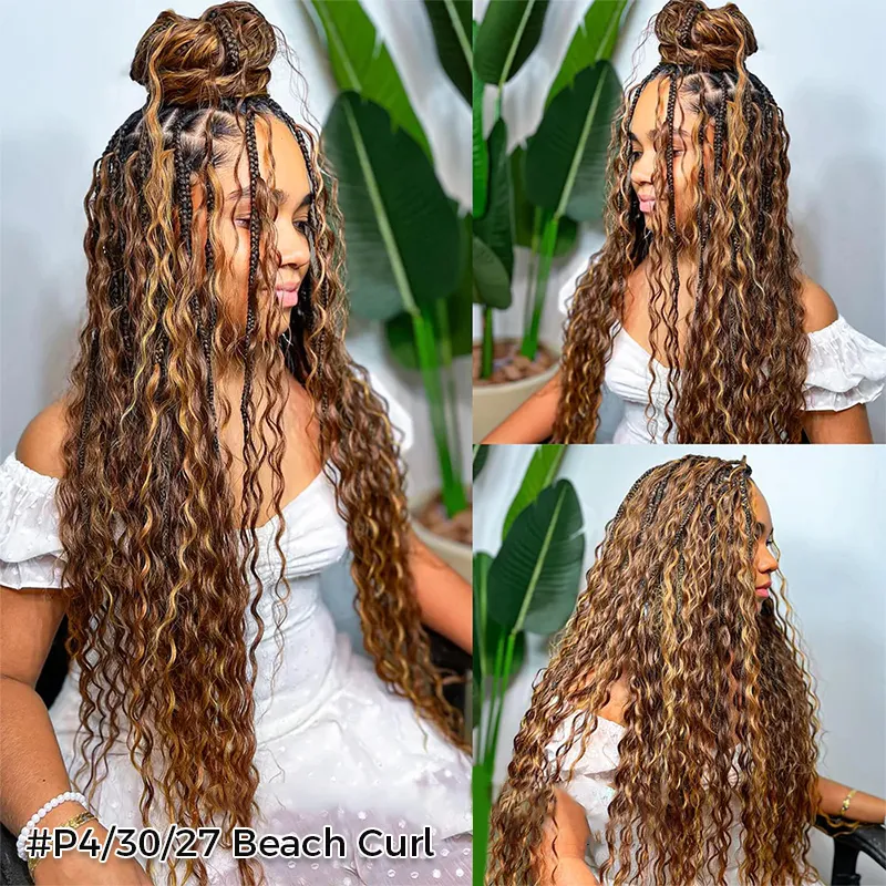 Collage of a woman with long beach curls in caramel and dark brown highlights, shown from left, front, and right; text '#P4/30/27 Beach Curl'