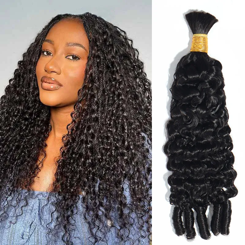 Model with long, tight-curly black hair beside a bundle of black curly hair extensions with a gold- wrapped weft, used for styling