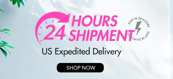 Pink '24 HOURS SHIPMENT' logo with a clock graphic, text 'US Expedited Delivery', and a black rounded 'SHOP NOW' button on a light blue background.