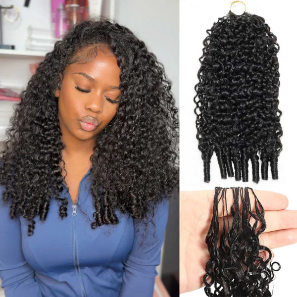 Woman with shoulder‑length, dark, tight curls wearing a blue top; insets show curly hair extensions and a close‑up of the curly strands for weaving