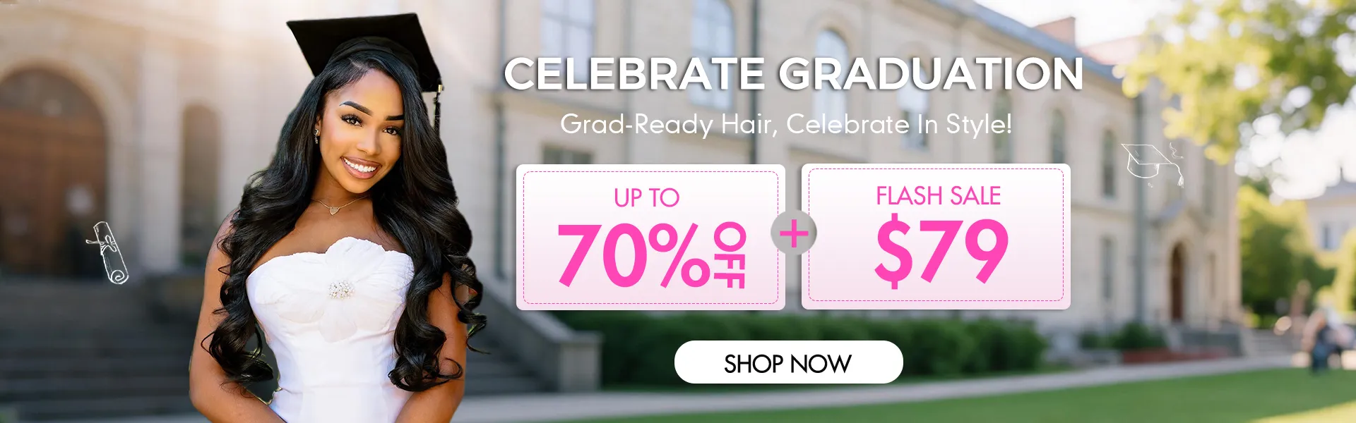 Smiling graduate woman in cap and white dress beside two pink promo cards: 'Up to 70% Off' and '$79 Flash Sale'.