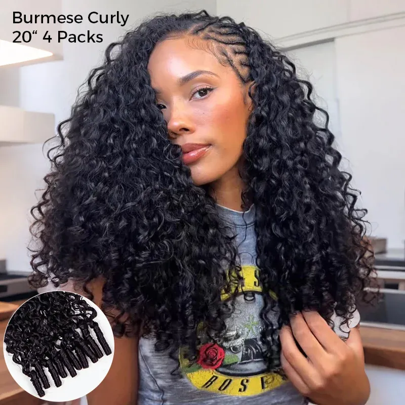 Woman with long Burmese curly hair extensions (20 inches); inset shows four packs of Burmese curly hair.