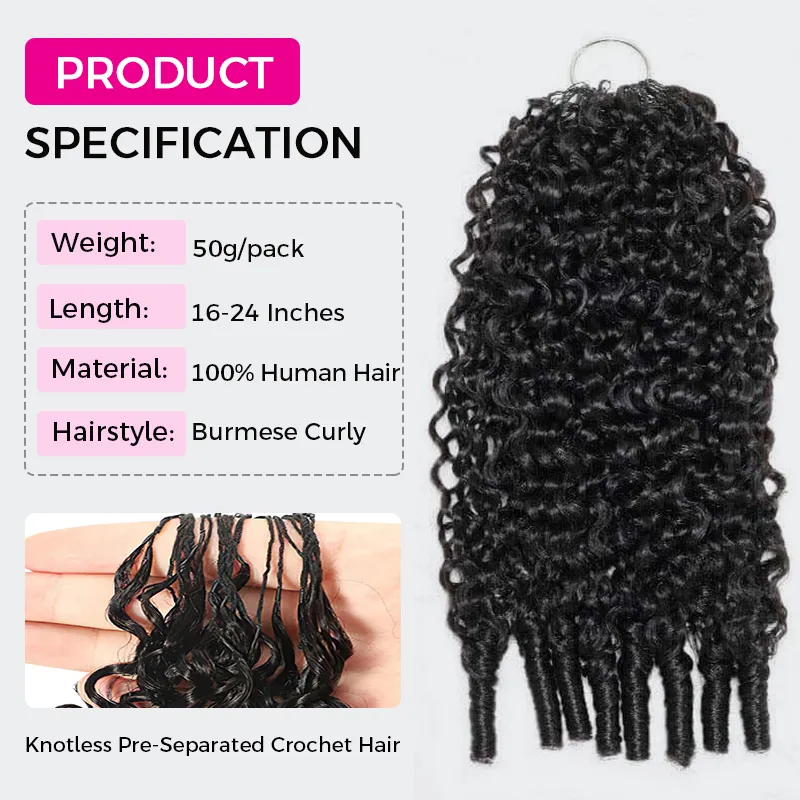 Product specification for Burmese Curly crochet hair: 50g per pack, 16–24 inch length, 100% human hair, knotless pre-separated style (image shows curls and packaging)