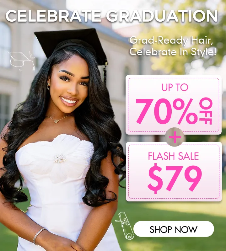Smiling graduate woman in a white dress and cap outdoors; overlay promotions read Celebrate Graduation, up to 70% off and $79 flash sale, Shop Now.