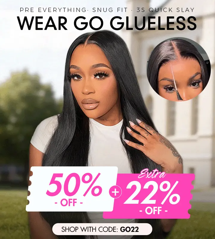 Promo image showcasing a woman with long black hair in a white top; bold text reads 'WEAR GO GLUELESS' with a sale tag: '50% OFF' plus 'Extra 22% OFF' with code GO22; circular inset shows a close-up of application near the hairline.