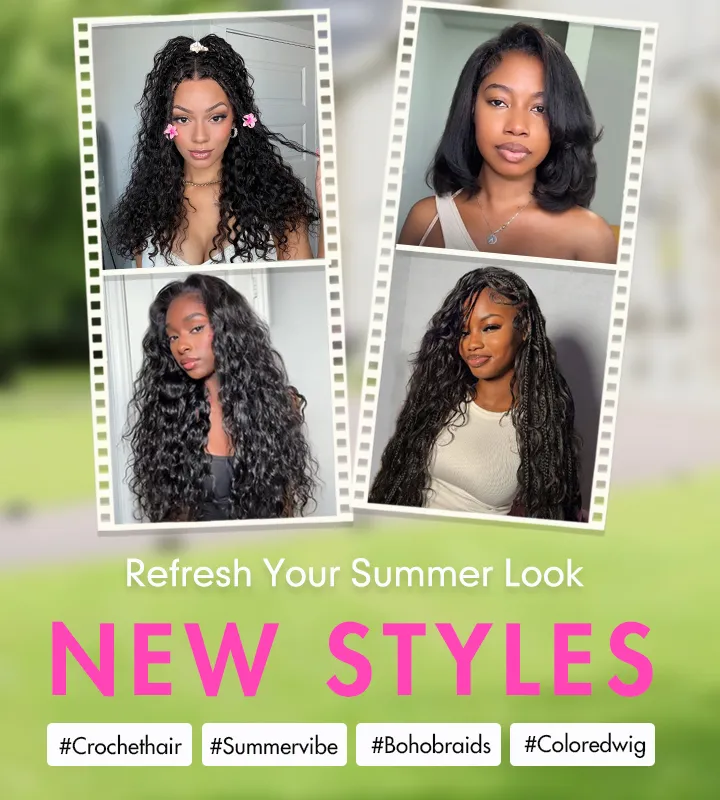 Collage of four women modeling different summer hairstyles: long curly weave, sleek short bob, voluminous loose waves, and waist-length braids on white outfits. Promotional tone for new styles.