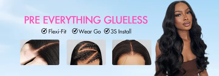Banner promoting pre-glue hair extensions: features Flexi-Fit, Wear Go, and 3S Install with three close-up hairline images and a model with long black hair on the right.