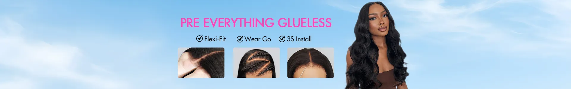 Banner for glue-free hair extensions featuring a woman with long black waves against a blue sky background and product icons/text at the top.