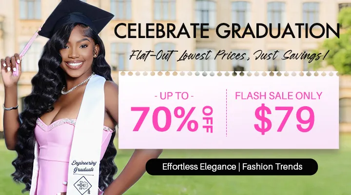 Promotional banner showing a smiling graduate in a pink gown and cap, advertising up to 70% off and a flash sale for $79.
