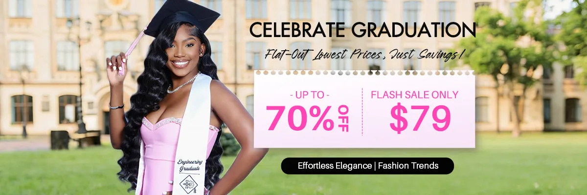 Smiling graduate in a pink dress and cap poses on a campus lawn beside a pink sale banner that reads up to 70% off and $79 flash sale.