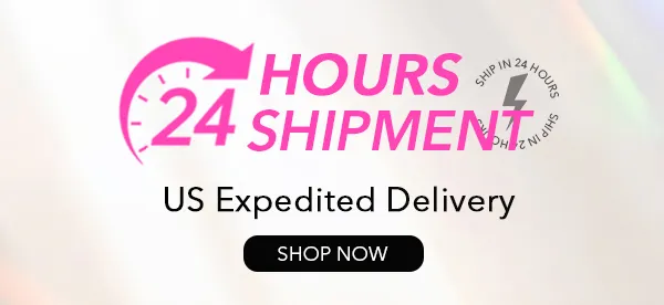 Promotional banner reading '24 Hours Shipment' with US Expedited Delivery and a black 'SHOP NOW' button.