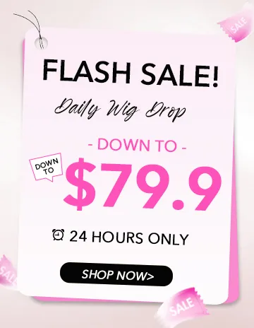 Pink sale poster advertising a flash sale on wigs: Down to $79.9, 24 hours only, Shop Now.
