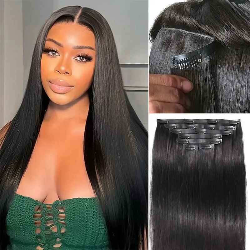 Woman with long straight black hair wearing clip-in hair extensions; collage includes extension clips and wefts/systems for attachment.