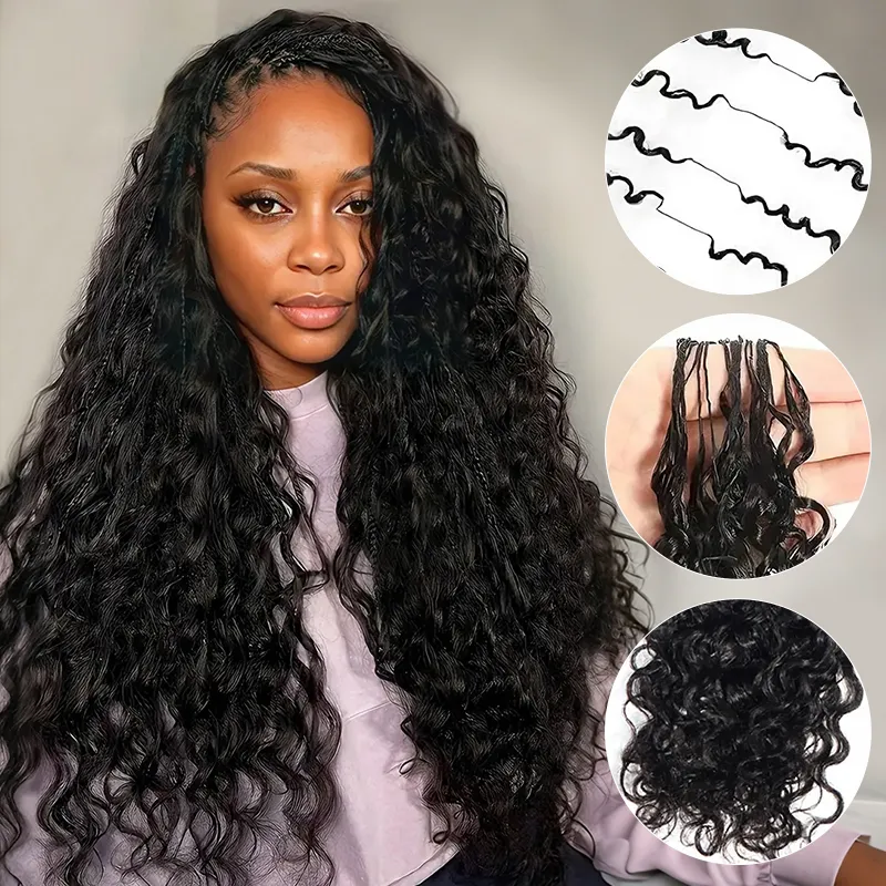 Portrait of a woman with long, glossy black curly hair wearing a light pink top; three circular insets show curl texture and wet strands, highlighting different curl patterns.
