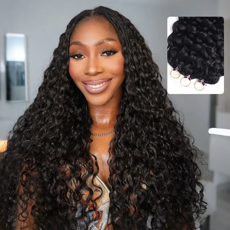 Smiling woman with long, tight curly black hair and glossy makeup in a studio setting; inset shows curly hair extensions with metal rings.