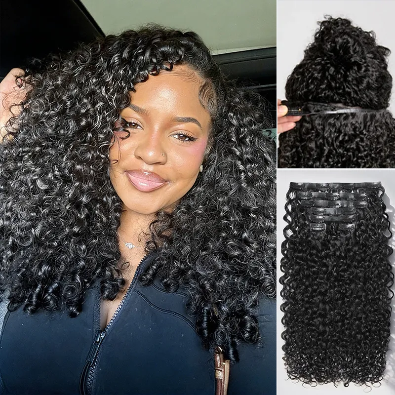 Collage: a woman with voluminous tight black curls smiling; top-right shows back view of the hair being measured with a comb; bottom-right shows a clip-in curly hair extension weft.