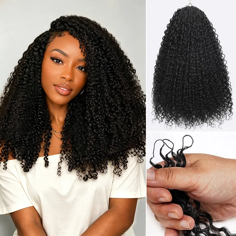 Portrait of a woman with long, tight curly black hair wearing a white top, showcasing curly hair extensions as a product.