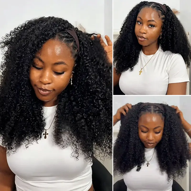 Collage of a woman with long, tight curls wearing a white shirt; left image shows hair with a brown headband and downcast gaze.
