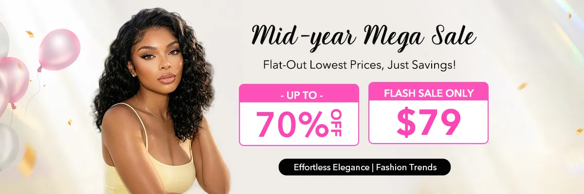mid year mega sale (1) Model with curly hair in a beige top posing beside pink sale panels that read 'Up To 70% Off' and '$79' on a light background with balloons in the scene.