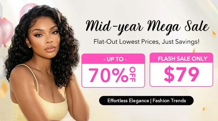 mid year mega sale (2) Advertisement banner with a woman on the left, 'Mid-year Mega Sale' headline, pink 'Up to 70% Off' panel and a '$79 Flash Sale' panel, plus a black pill reading 'Effortless Elegance | Fashion Trends'.