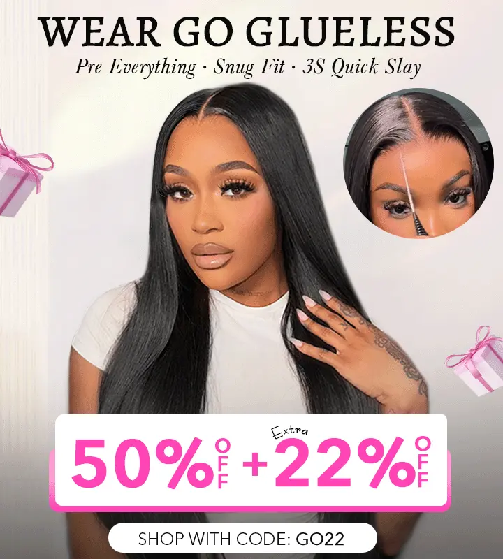 Promotional image for Wear Go Glueless wigs: woman with long black hair, large discount banner reads 50% OFF + 22% OFF, code GO22.