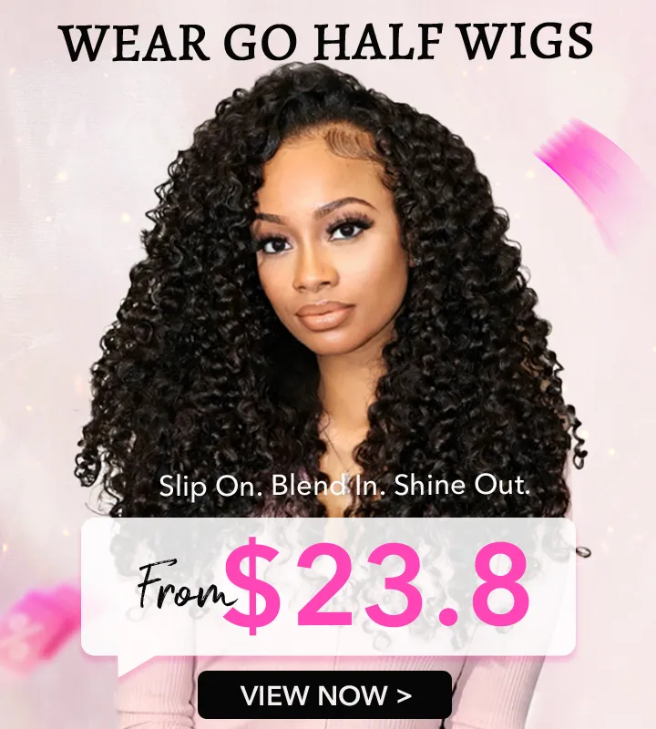 Ad image of a woman with long curly hair modeling a half wig; features 'Wear Go Half Wigs' and price from $23.80.
