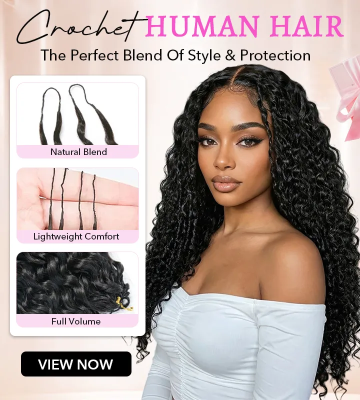 Crochet human hair promo: model with long curly hair and feature tiles for Natural Blend, Lightweight Comfort, Full Volume.