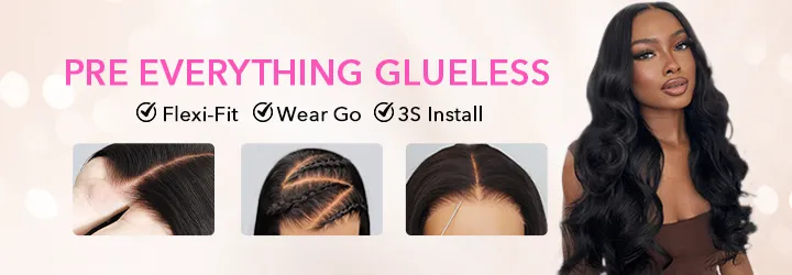 Banner for Pre Everything Glueless hair system, showcasing features Flexi-Fit, Wear Go, 3S Install, with three close-up scalp images and a model with long dark hair on the right.