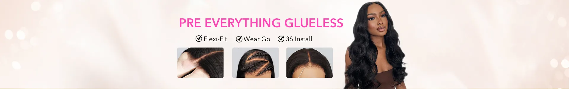 Promotional banner for glue-less hair extensions: model with long black waves on the right and three inset close-ups of scalp installations, highlighting Flexi-Fit, Wear Go, and 3S Install.