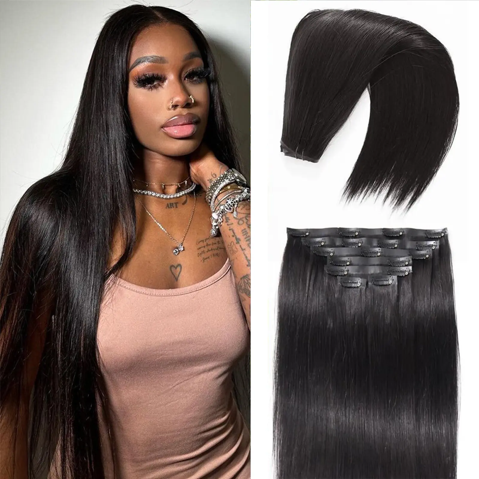 Left: woman with long straight black hair, makeup, and jewelry; right: black clip-in hair extensions with multiple wefts on a white background.