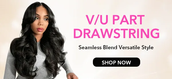 Ad banner showing a woman with long black wavy hair beside pink text 'V/U PART DRAWSTRING' and a Shop Now button.